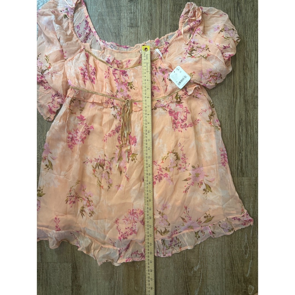 Free People Floral Peasant Puff Sleeve Mini Dress Peach Combo NWT Size M - Picture 5 of 10